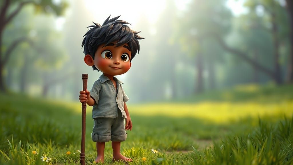 Boy Gazes at Forest: Pixar-Style 3D Digital Art