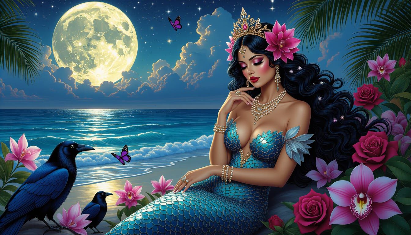 Tropical Mermaid with Bioluminescent Orchids