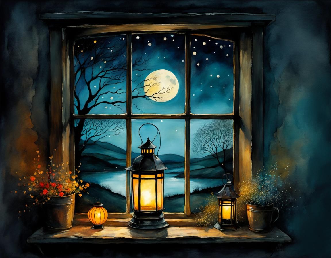 Lantern Lit Window at Twilight Illustration