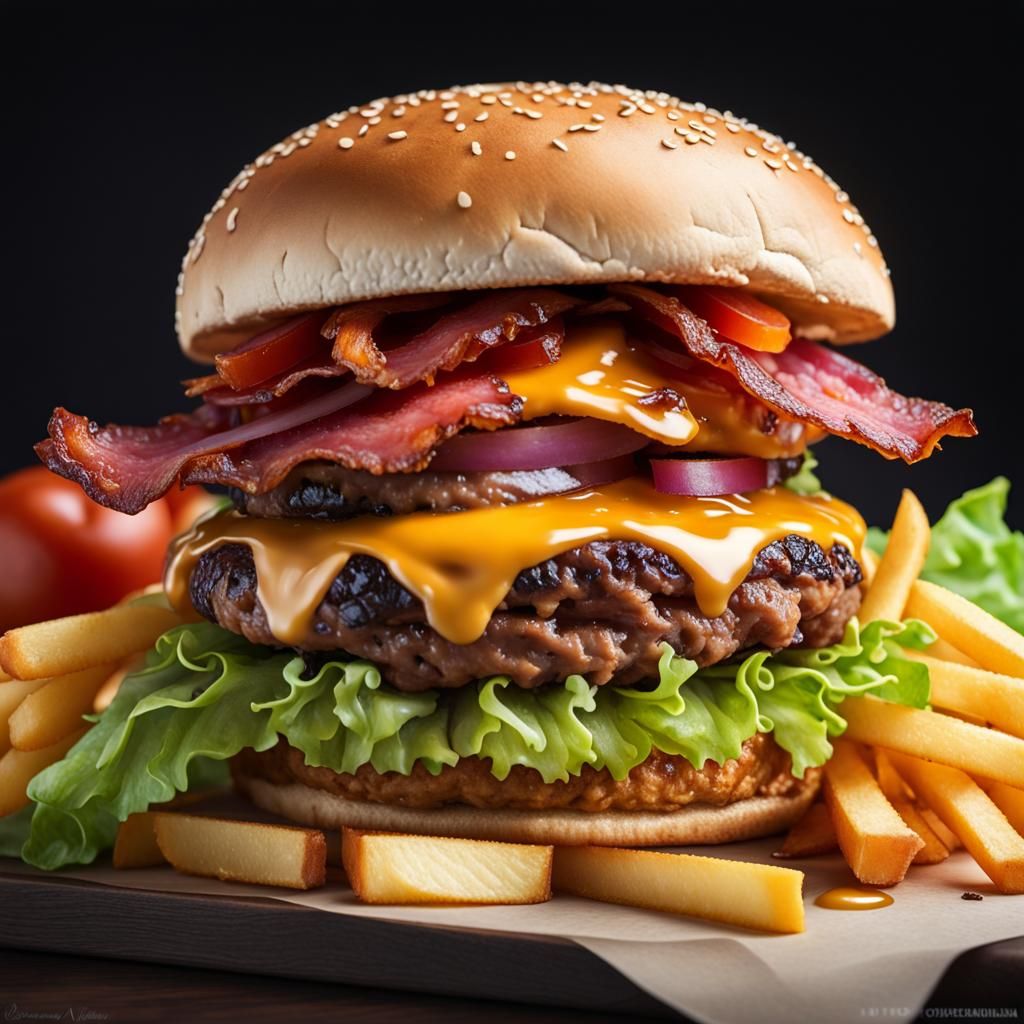 Gourmet Burger with Fries, Photorealistic Image