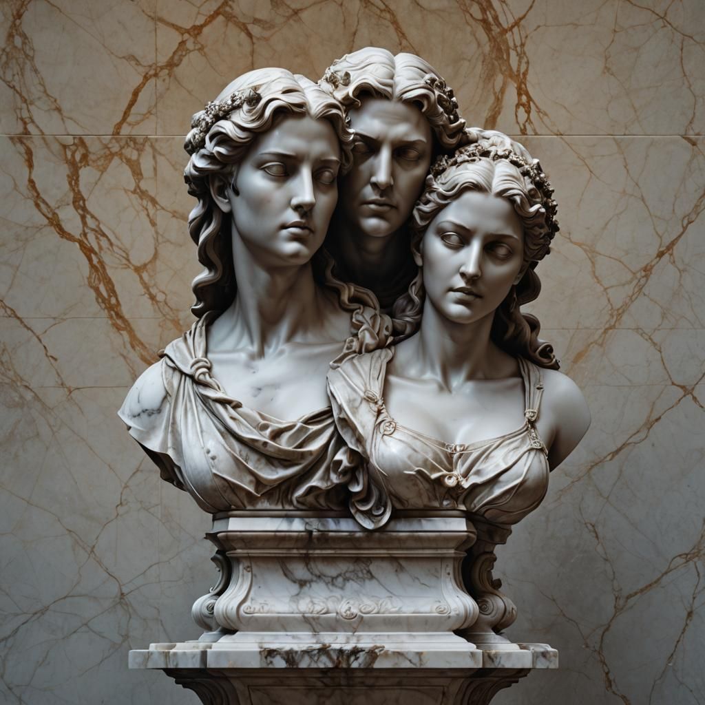 Marble Two-Headed Bust Sculpture on Pedestal