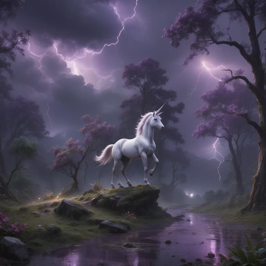 lightning, unicorn, magic, celestial, rain, moon, forest, purple