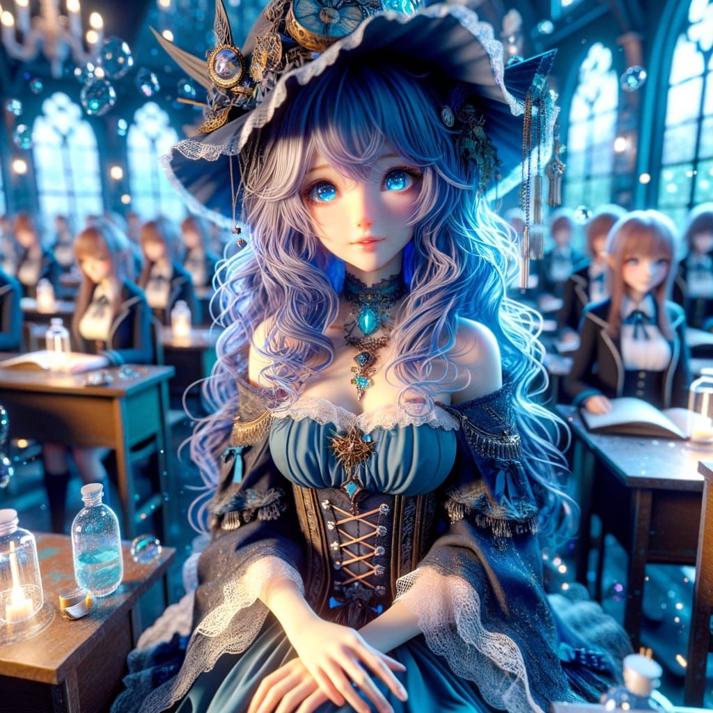 Blue-Haired Witch Attends Magic School: Fantasy Concept Art