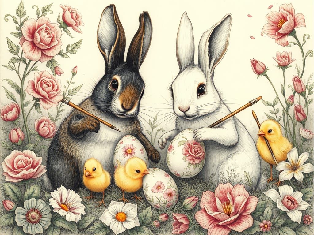 Whimsical Easter: Rabbits Painting Eggs in Fairy Garden