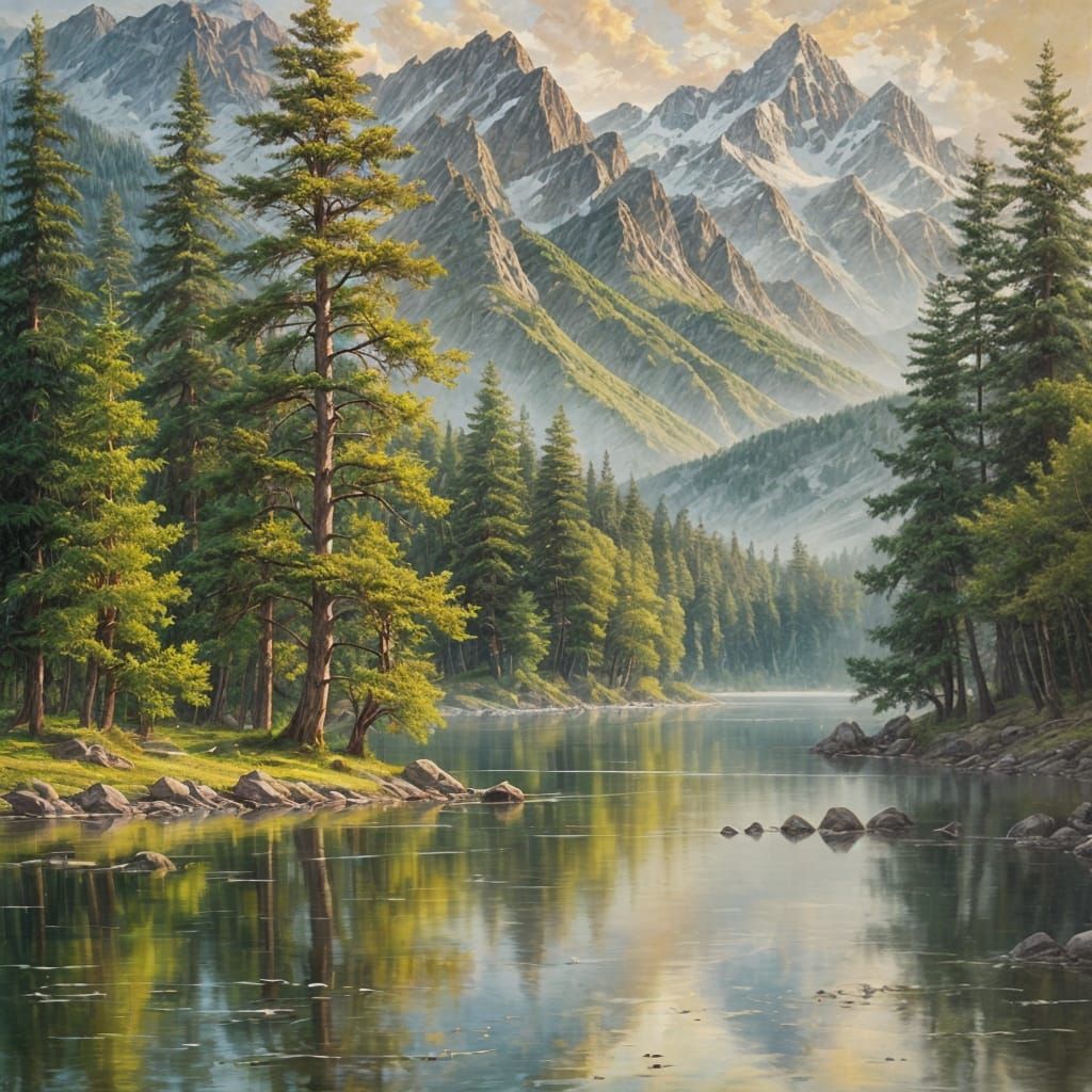 Tranquil Mountain Landscape in Oil Painting Style