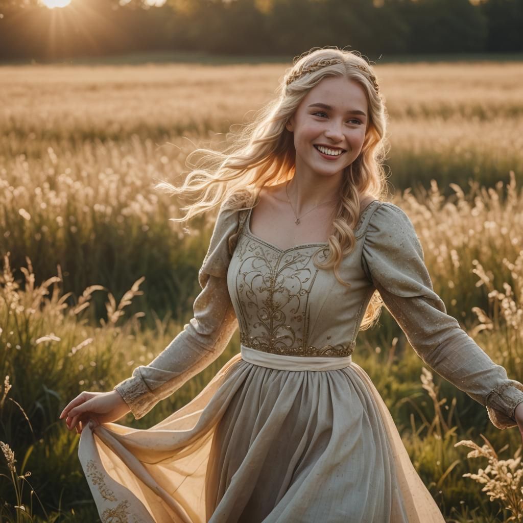 Blonde Haired Medieval Girl Running Through a Field