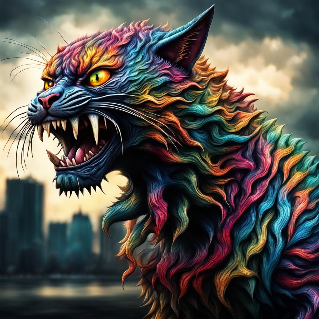 Hyperrealistic Colorful Cat Monster Growling in HDR