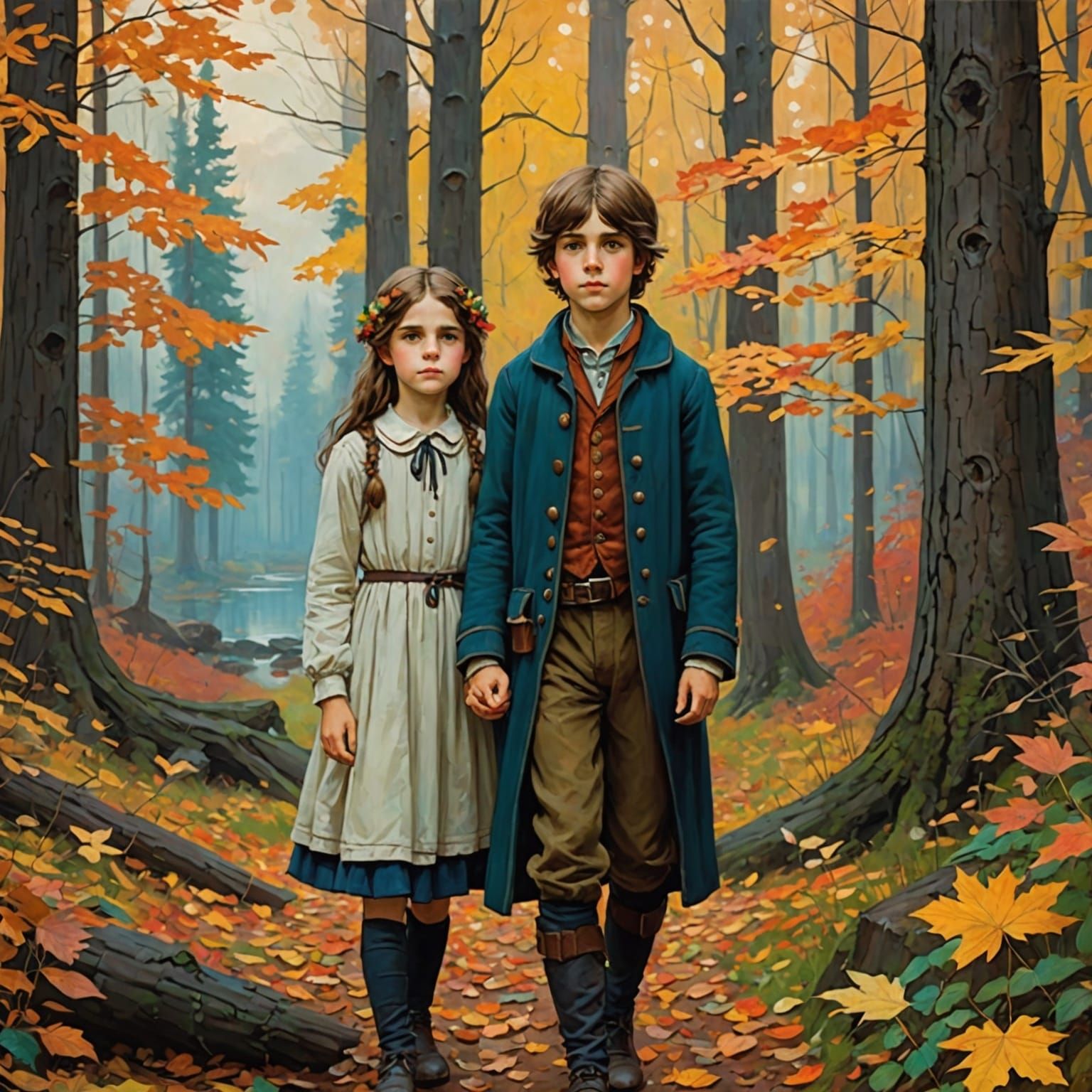 Anime Siblings in Autumn Forest, Waterhouse Style