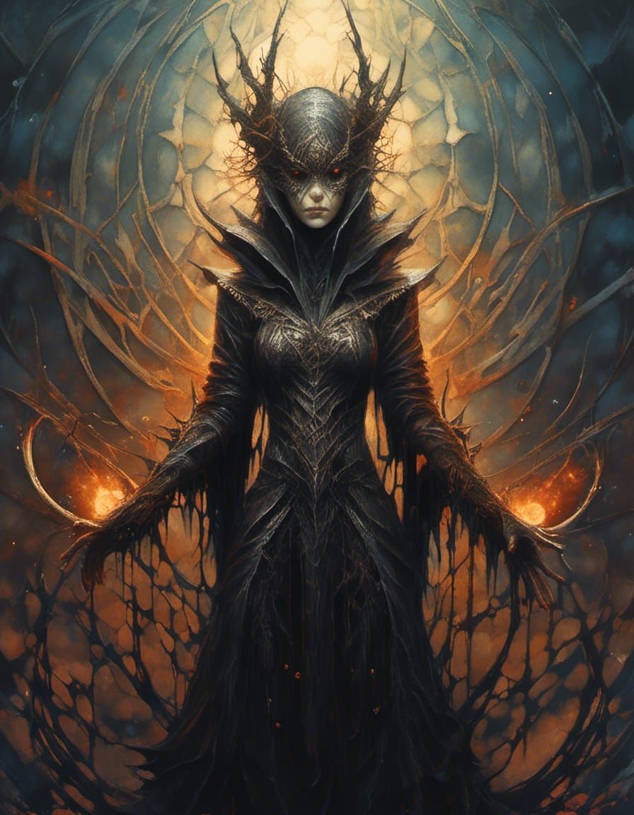 Hooded Witch in Dark Mage Cloak Charcoal Drawing