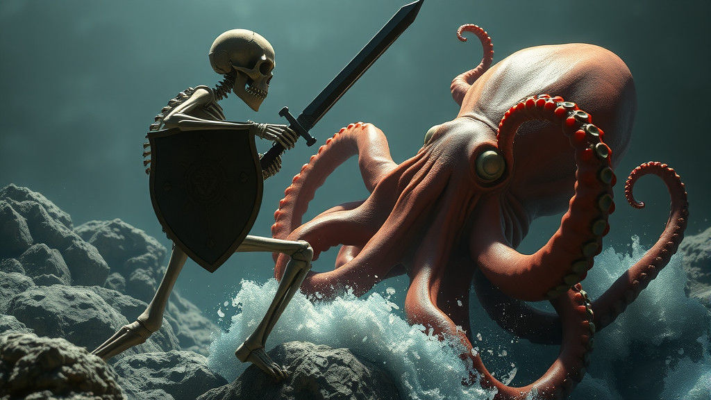 Skeleton Warrior vs Giant Octopus in Fantasy Art