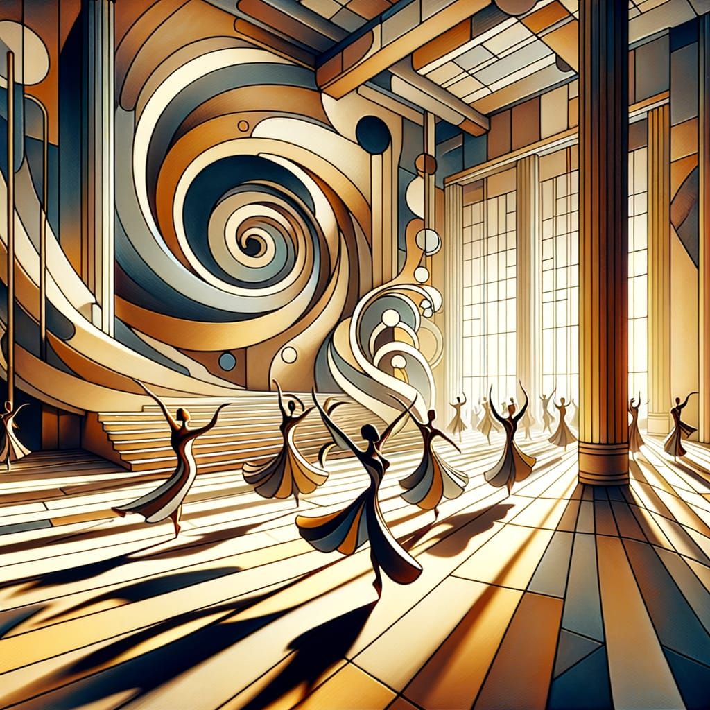 Geometric Dancers in Art Deco Ballroom