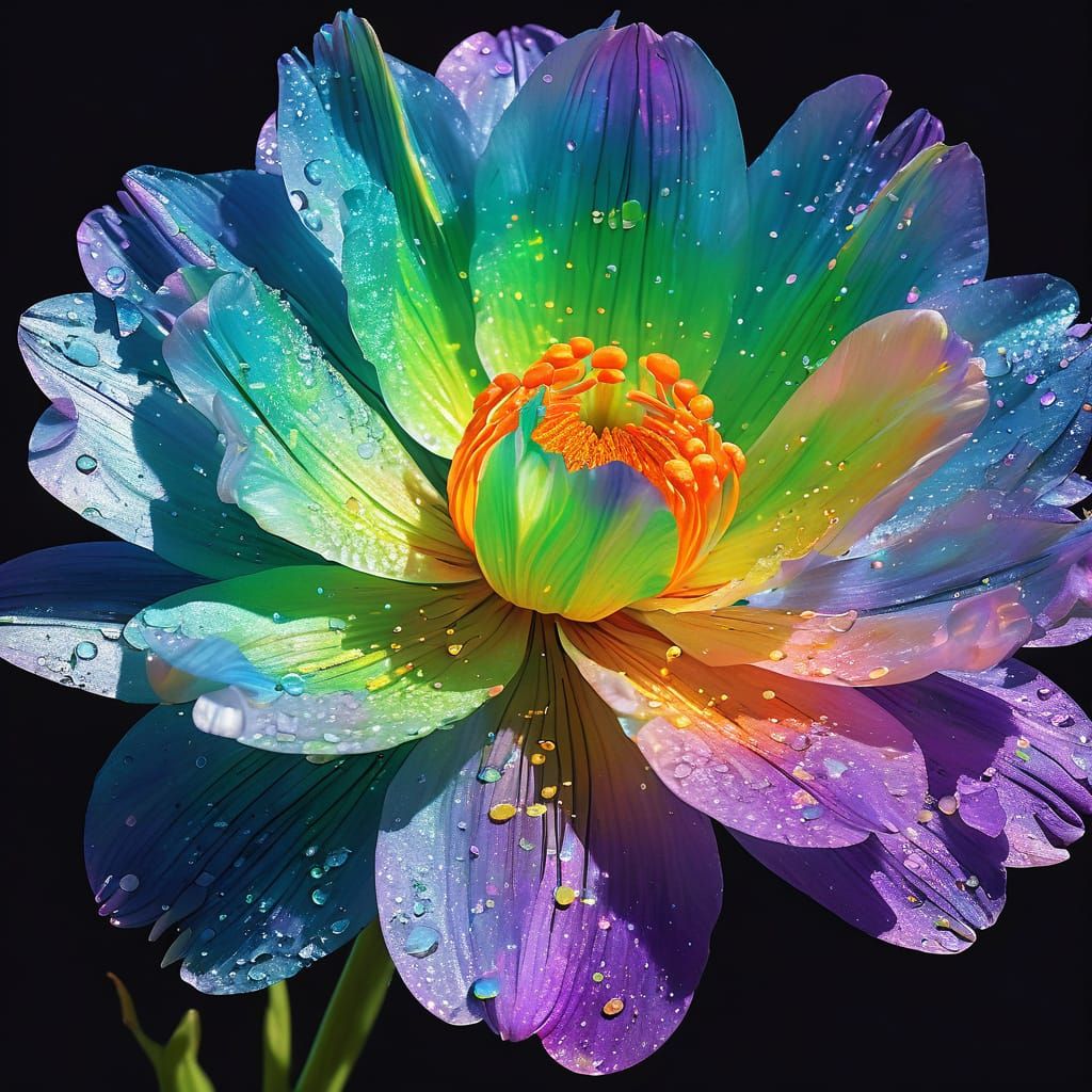 A hyper-detailed, high-contrast macro of a flower shimmering...