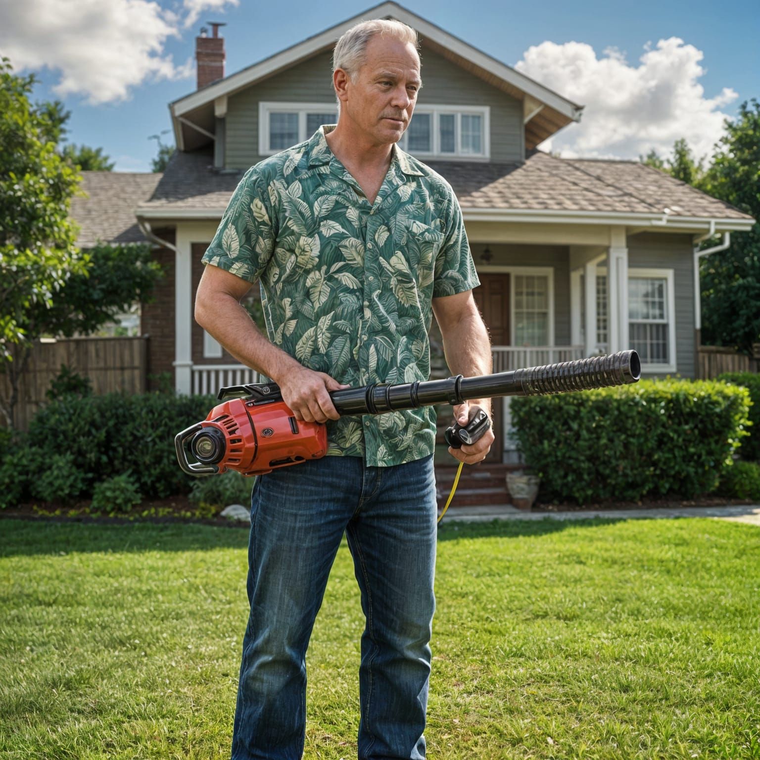 Heroic Dad with Leaf Blower, Humorous Splash Art