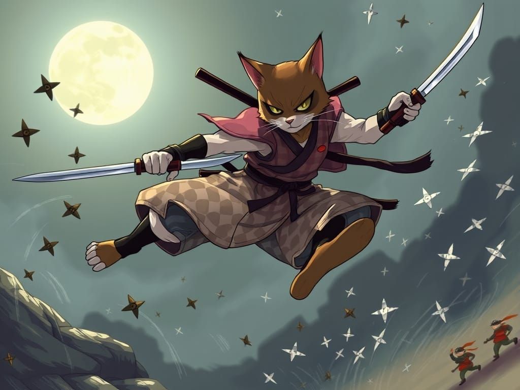 Dynamic Ninja Cat in Mid-Jump, Gingham Patterns Shining