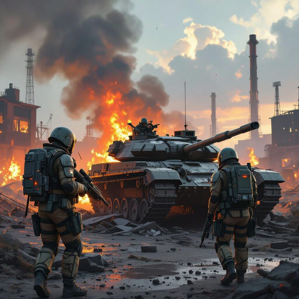 Soldiers Inspect Burning Tank in Hyperrealistic Sci-Fi Style