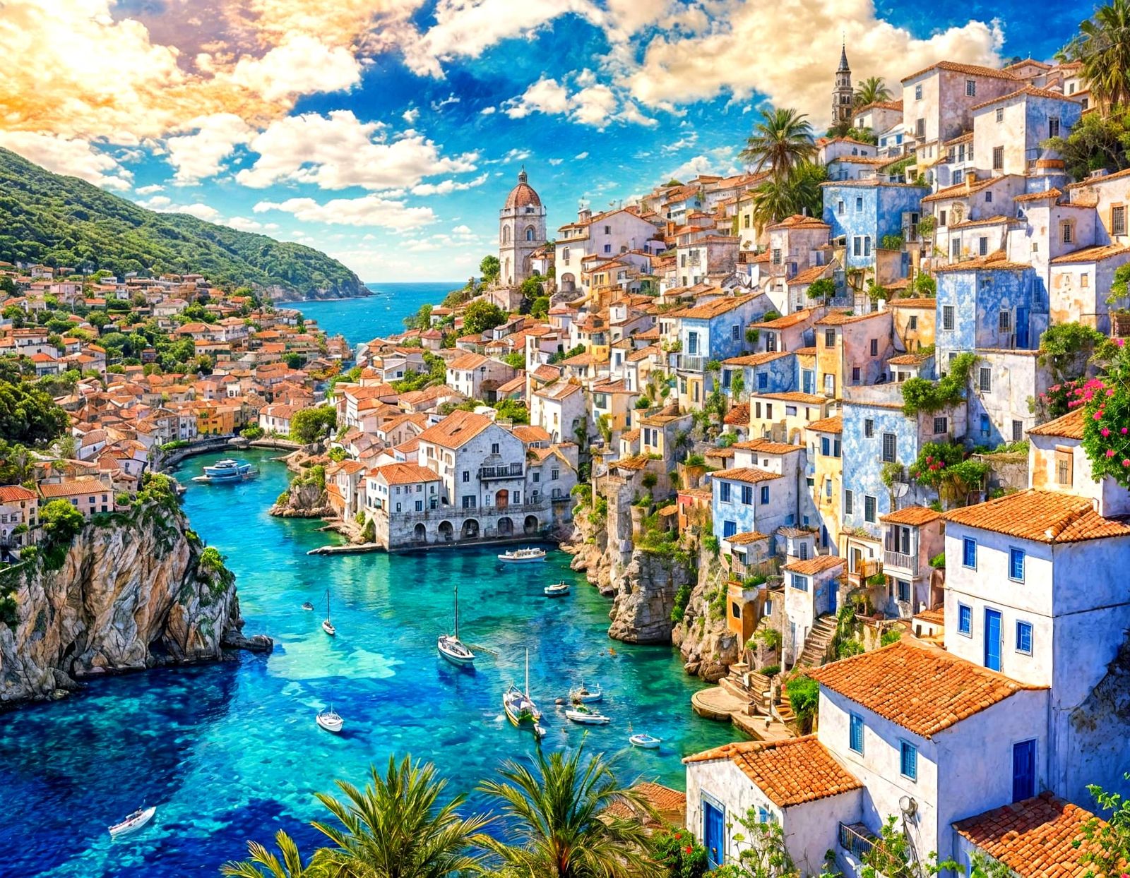 <lora:Azulejo Tiles:1.0>portugues village fantasy elements a...