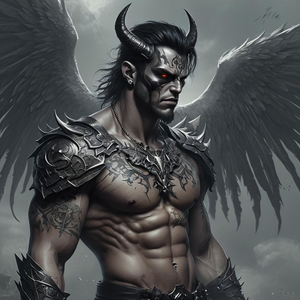 Mystic King of kings demon Warrior, beautiful silver flowing hair, devil wings, sword, eye patch
Concept Character, por...
