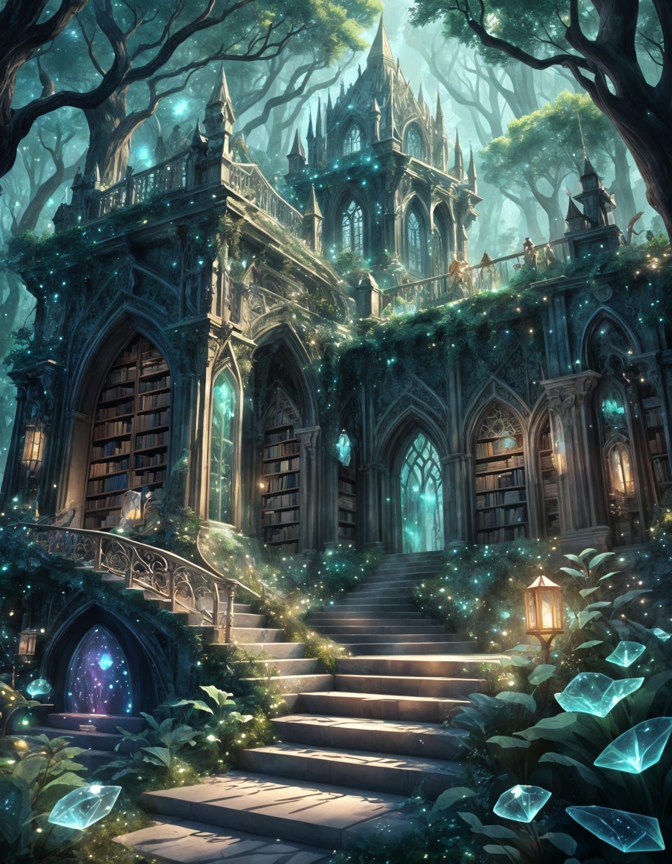 Whimsical Elven Library in Ethereal Fantasy Realm
