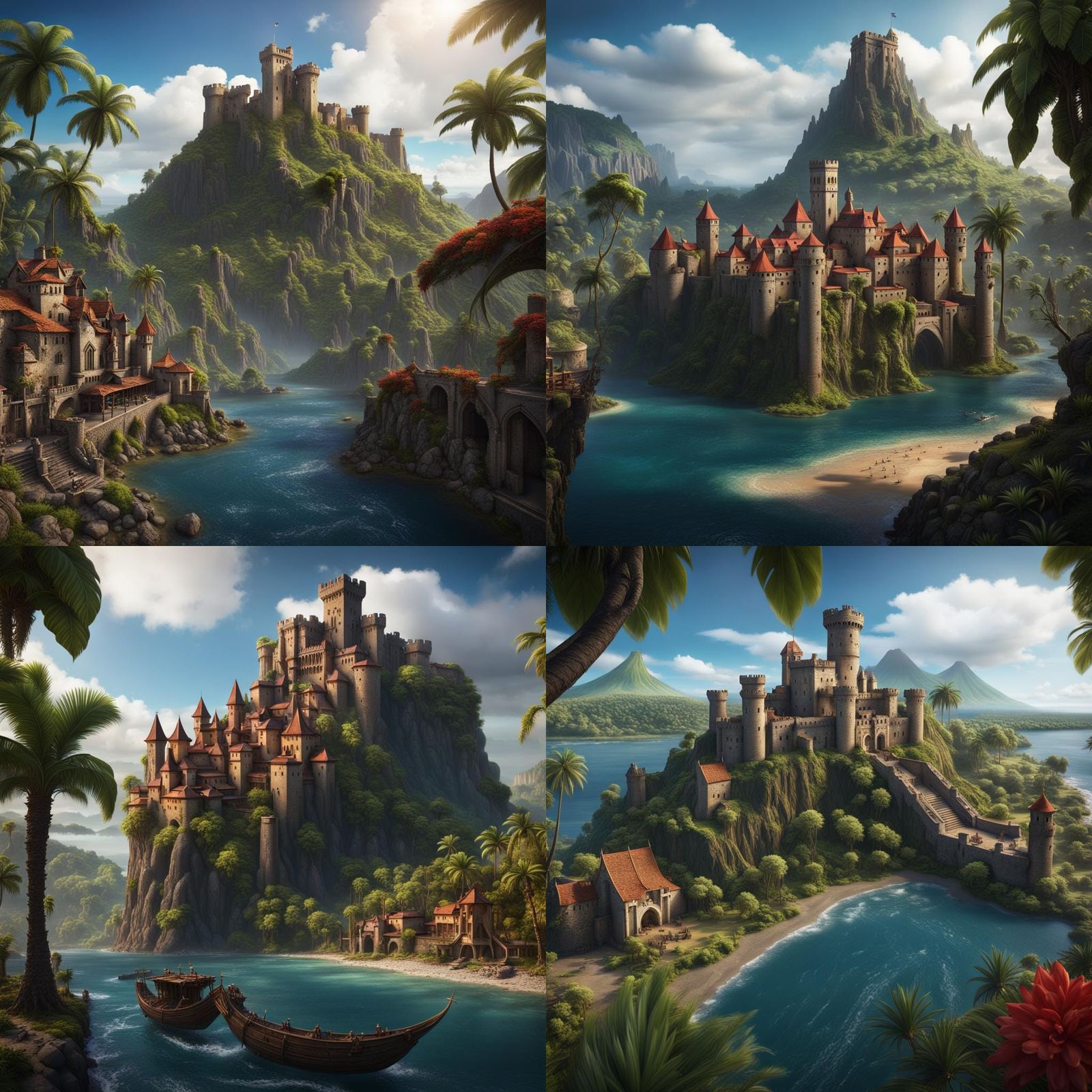Tropical Island with Medieval Town and Volcano Castle