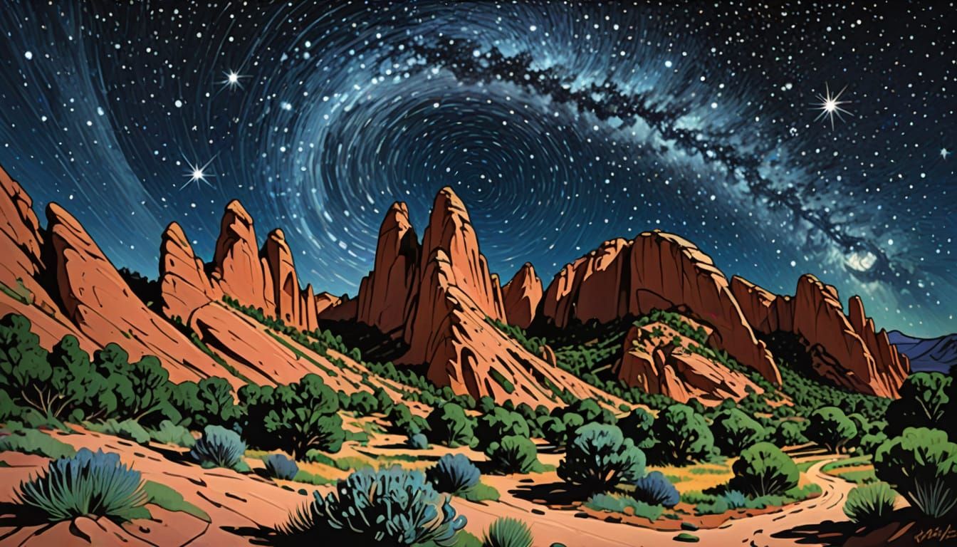 Surreal Landscape of the Gods in a Starry Night Sky