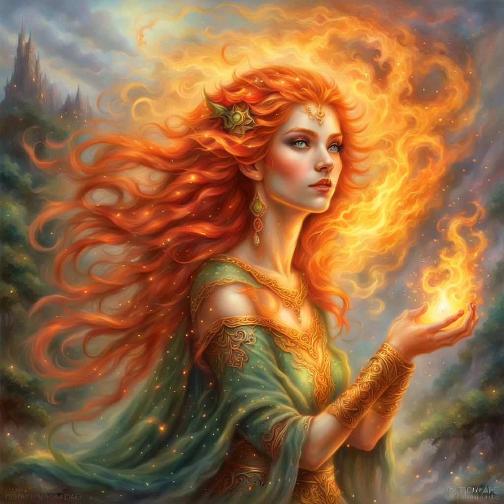 Ethereal Flame Goddess in Fantasy Realism Style