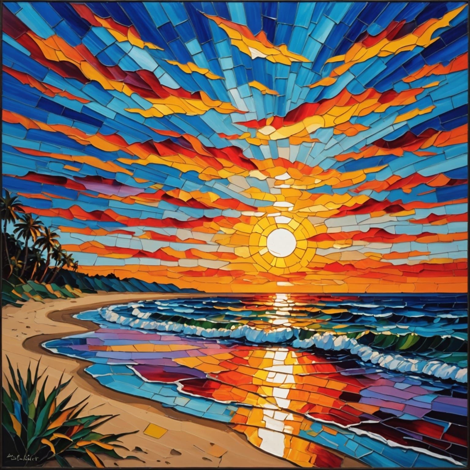 Neo-Expressionist Beach Sunset in Stained Glass Style