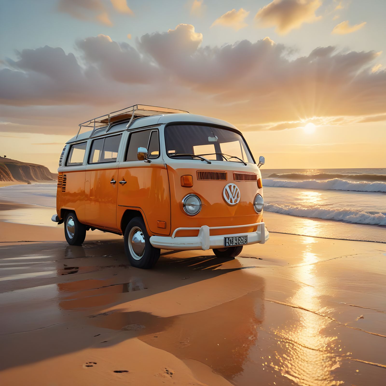 Vibrant Orange Campervan Seeks Sunset Beach