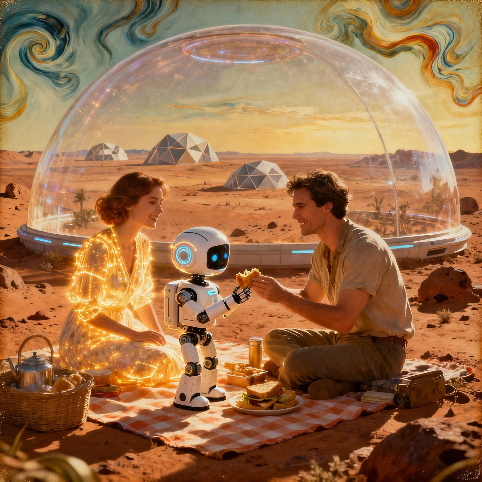 Family Picnic on Mars in Retro-Futuristic Style