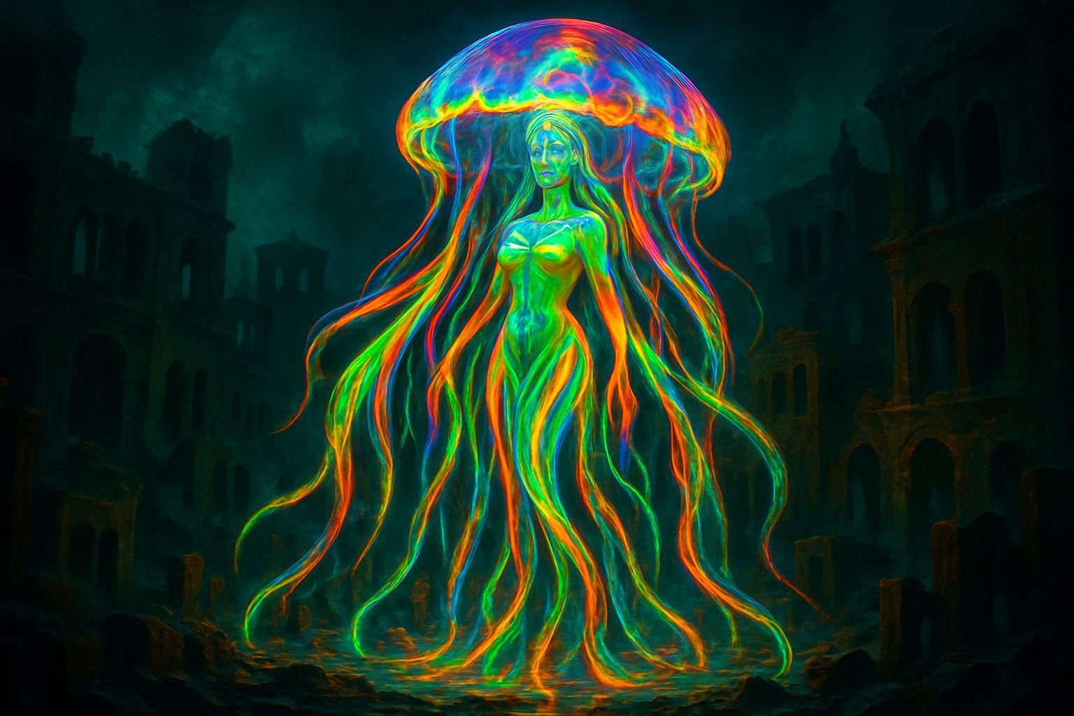 Rainbow Jellyfish Goddess in Sunken City Ruins