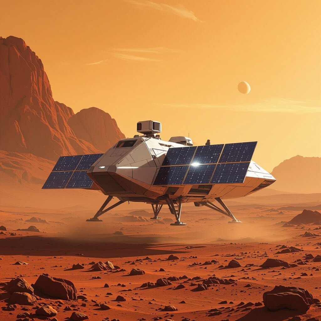 Modern Spaceship Landing on Mars in Retro-Futuristic Style