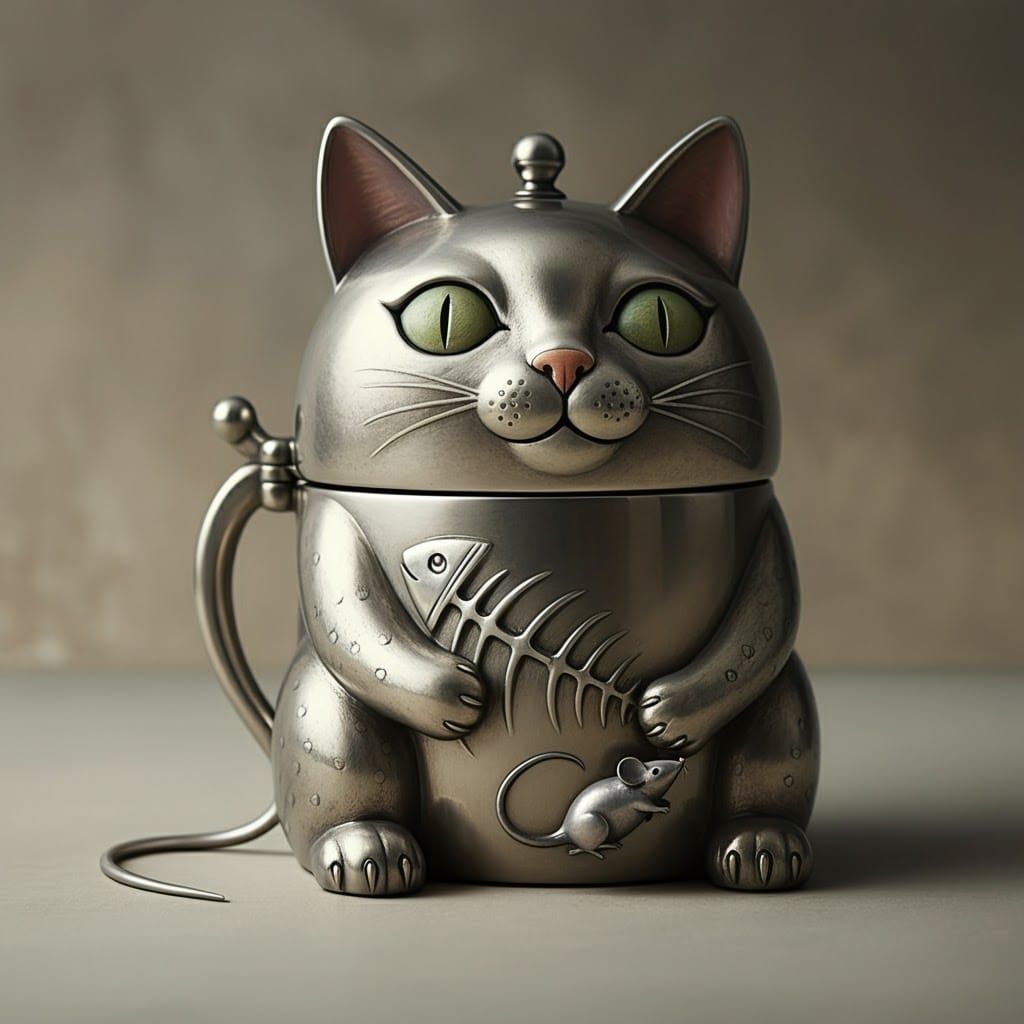 Cat Mustard Pot Sculpture in Whimsical Style