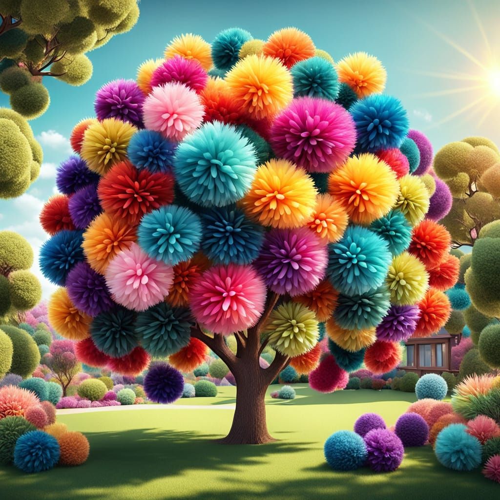 Colorful Pom Pom Tree in Fantasy Garden, 3D Render