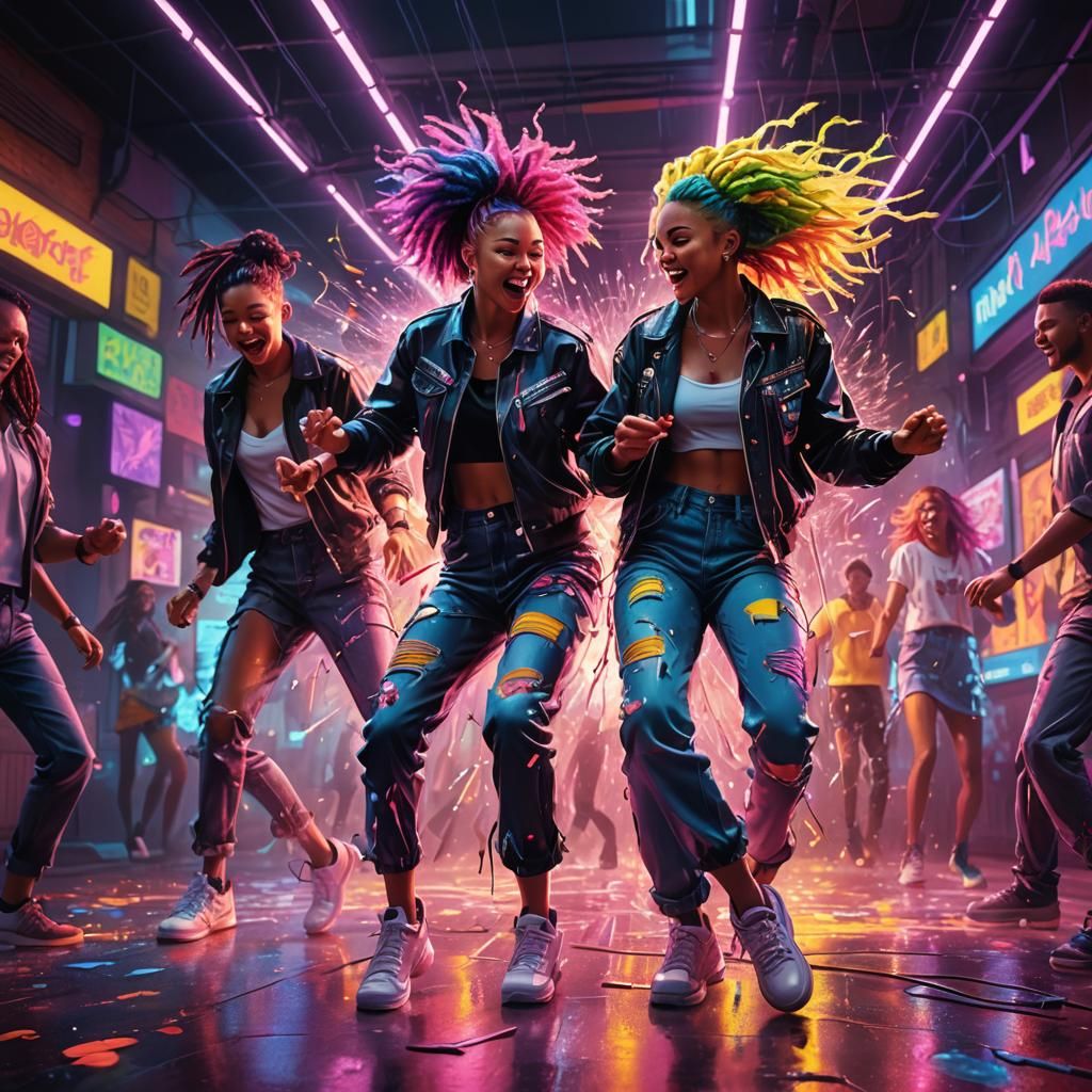 Tekno Music Dancers in Neon Lights: Splash Art