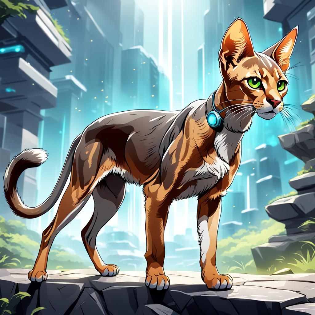 Silver Abyssinian Cat in Anime Comic Art