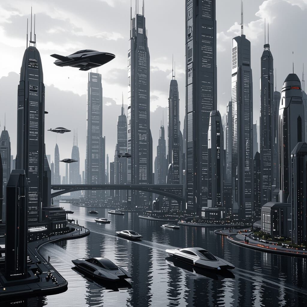 Futuristic Grayscale Cityscape Inspired by Matte Painting
