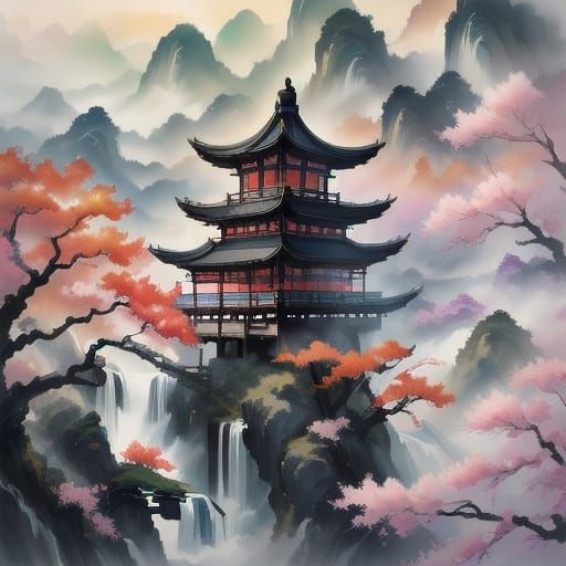 Serene Chinese Landscape Oil Painting with Waterfalls and Pa...