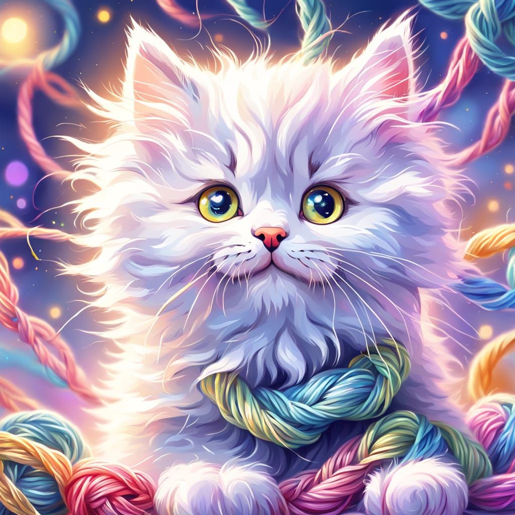 Whimsical Kitten Plays with Yarn in Vibrant Pastel Hues