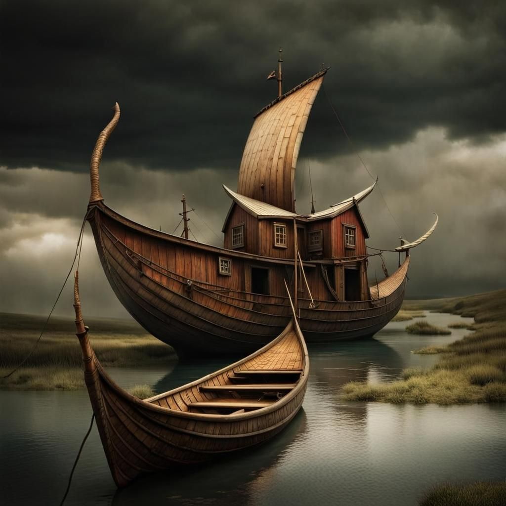 Viking Longboats on Stormy Sea in Magical Realism