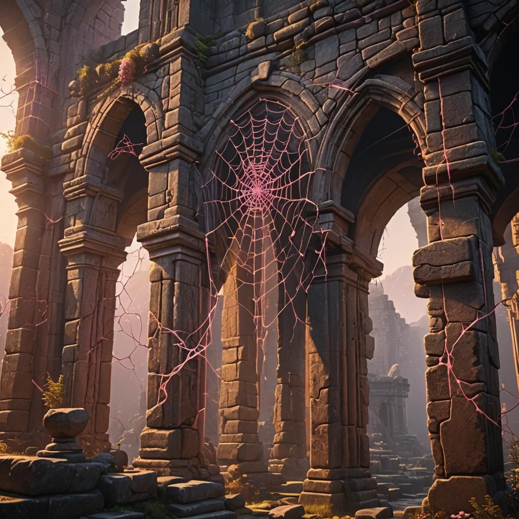 Pink Cobwebs on Ancient Ruins: Dark Fantasy Art