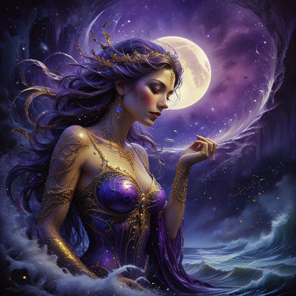 Ethereal Night Scene under a Celestial Purple Moon