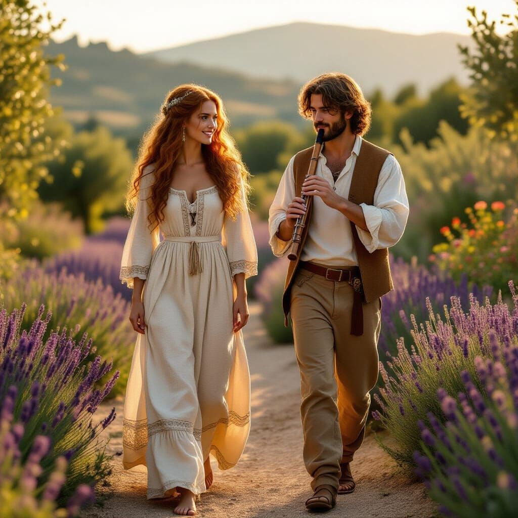 Medieval Woman in Provençal Garden, Realistic Digital Art