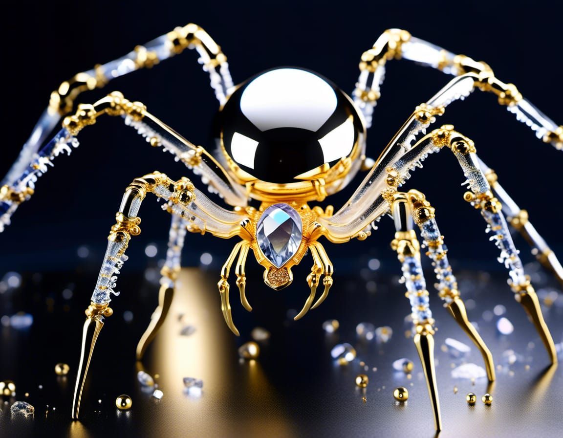 Opulent Crystal Spider Statue with Golden Inlay