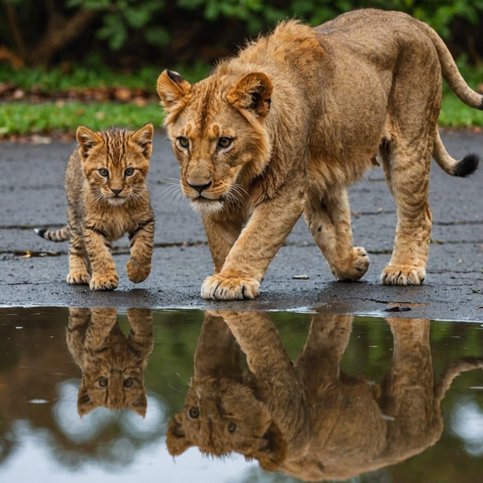 Kitten's Puddle Reflection Reveals Lion