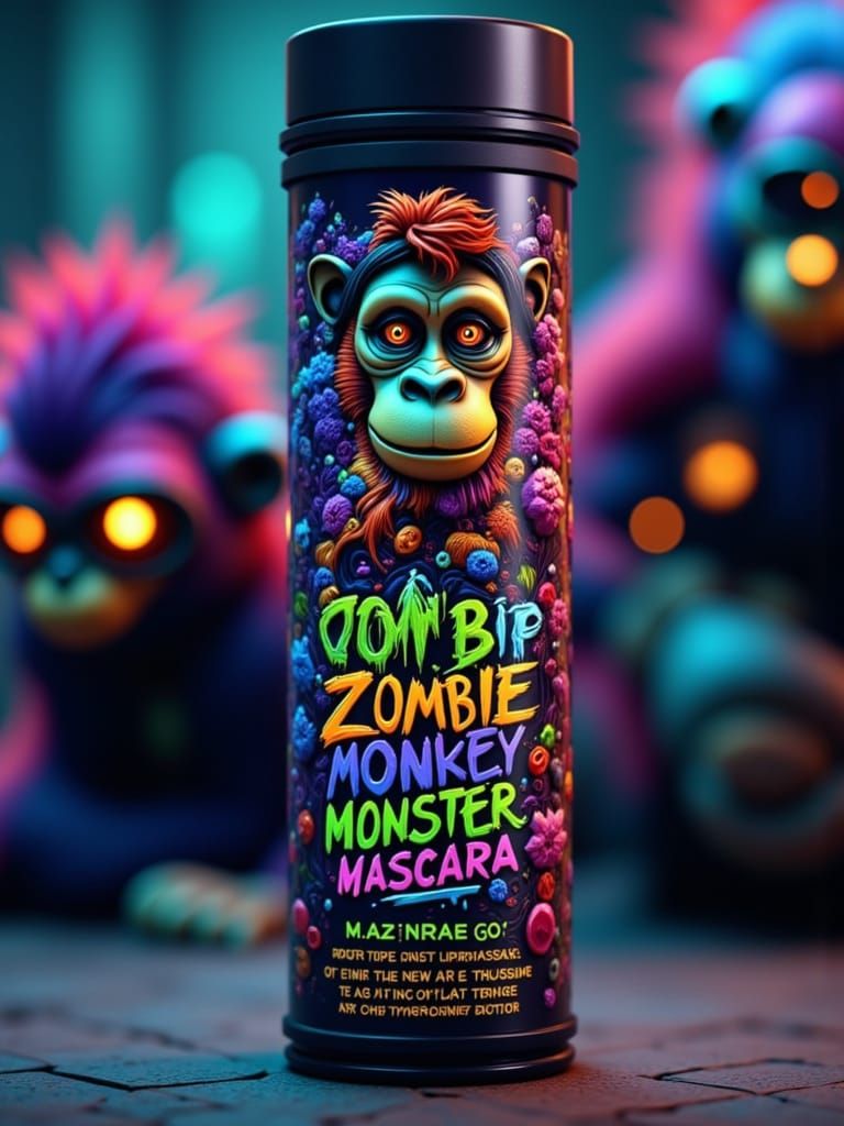 Zombie Monkey Mascara Label in Cinematic Hyperrealism