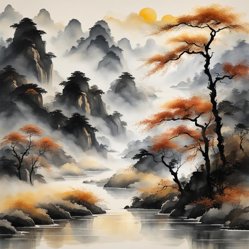 Muted Chinese Ink Rivers in Morning Light