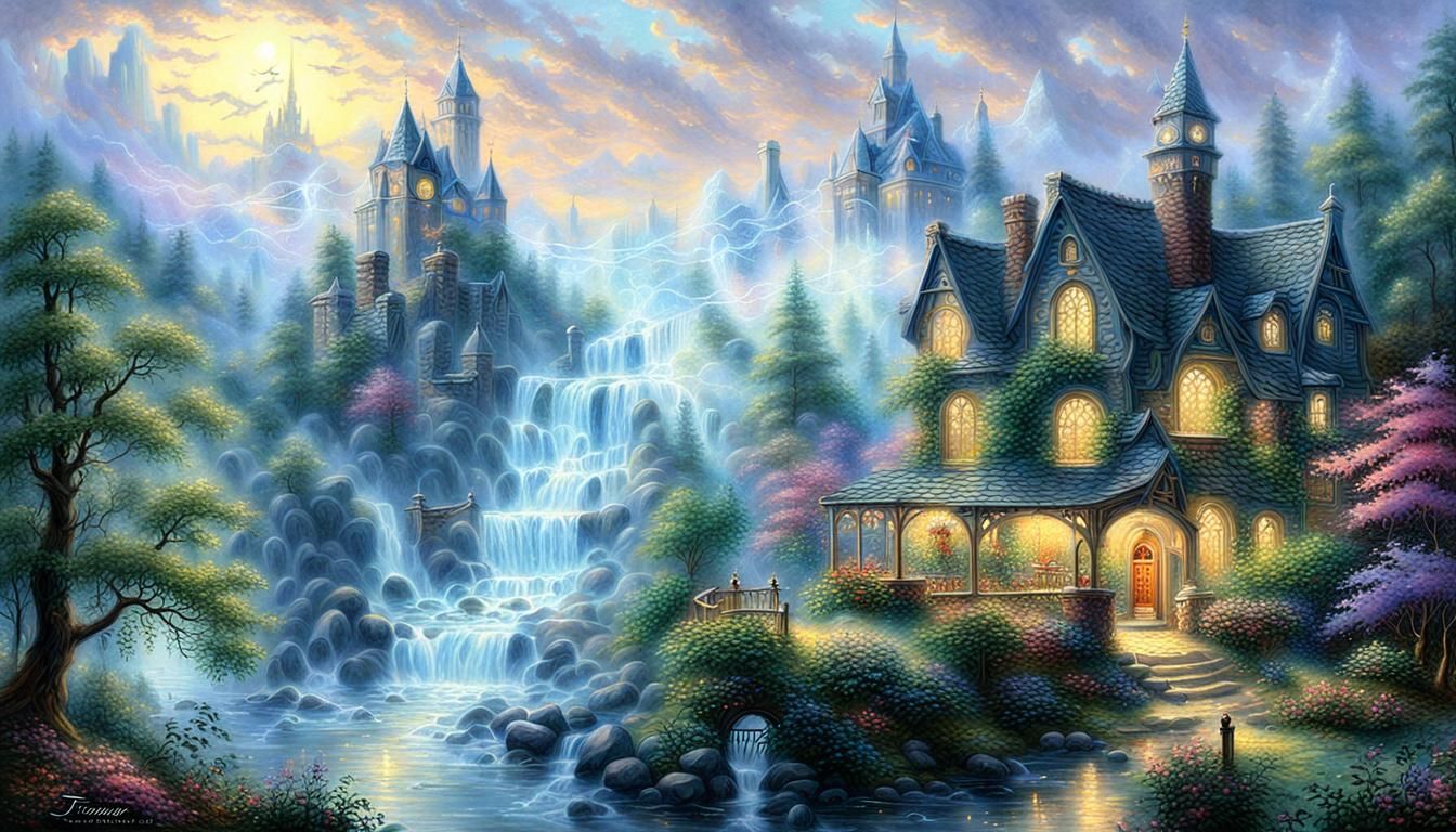 Ethereal Fantasy Scene with Mist in Kinkade Style