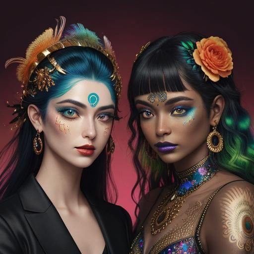 Cosmic Women with Peacock Feathers, Digital Art