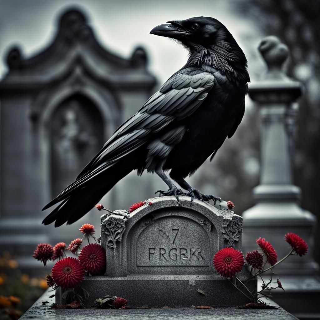 Hyperrealistic Crow on Gravestone with Dead Flowers