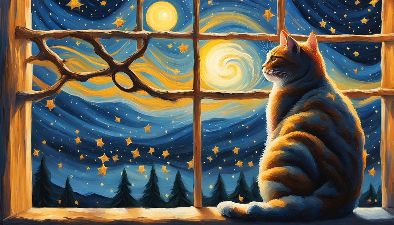 Cat Contemplates Starry Night Sky in Impasto Style
