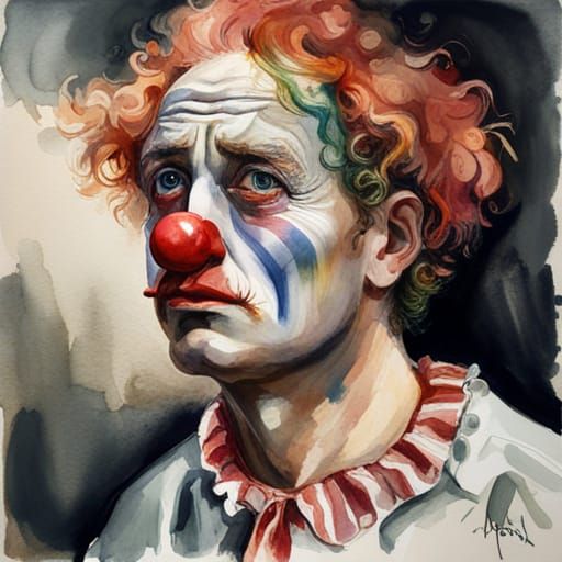 Sad Clown Portrait in Watercolor Gouache Style